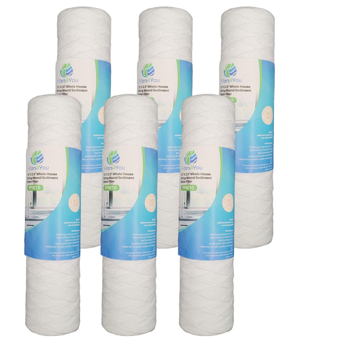 Filters4you – 6 Pack String Wound Whole House Sediment Water Filter Cartridges Compatible with GE GXWH04F, GXWH20S, WFPF13003B, WFPF38001C, HF-150A, HF-360A, WH-S200-C Models – 5 Micron, 10"x2.5"