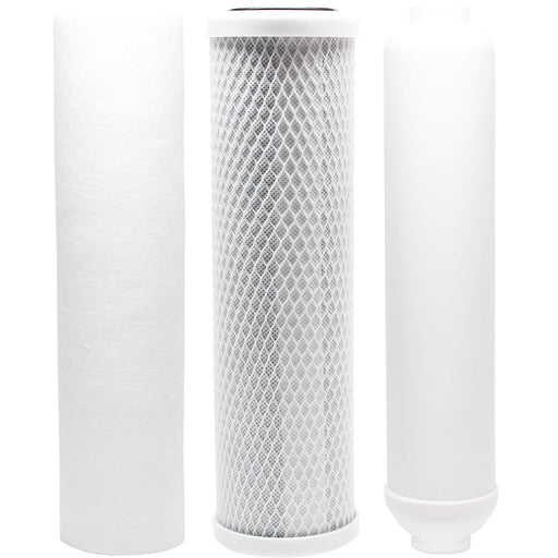 3-piece replacement filter kit with carbon block, polypropylene sediment, and inline cartridges, compatible with Vertex PT 4.0 RO systems