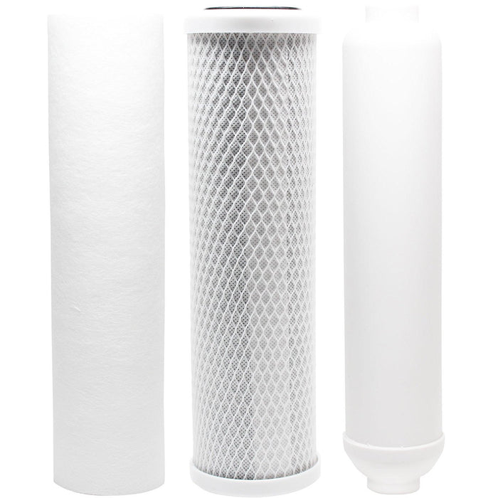 3-piece replacement filter kit with carbon block, polypropylene sediment, and inline cartridges, compatible with Vertex PT 4.0 RO systems