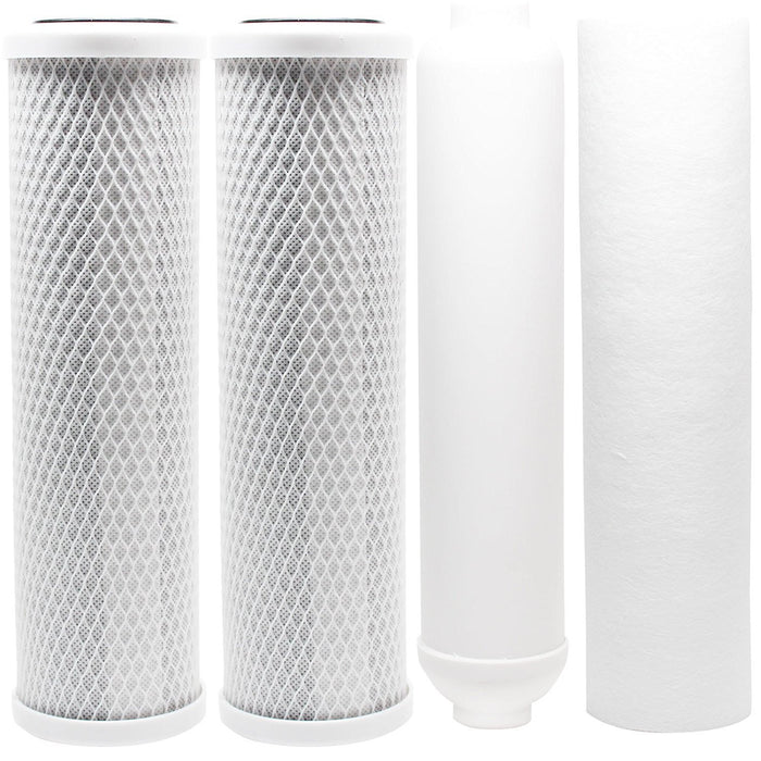 4-piece RO replacement filter kit with carbon block, polypropylene sediment and inline cartridges, compatible with Proline Plus systems, white