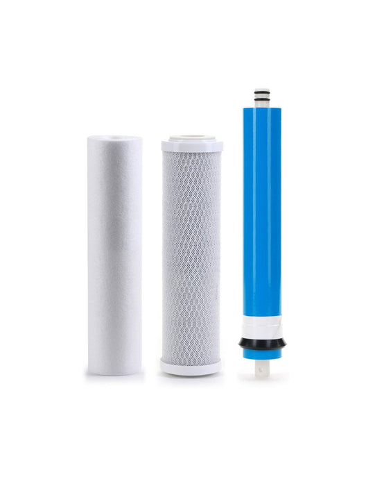 3-piece replacement filter set with sediment cartridge, carbon block cartridge, and 100 GPD membrane, 1 micron, compatible with Hydro Logic Stealth RO100 systems