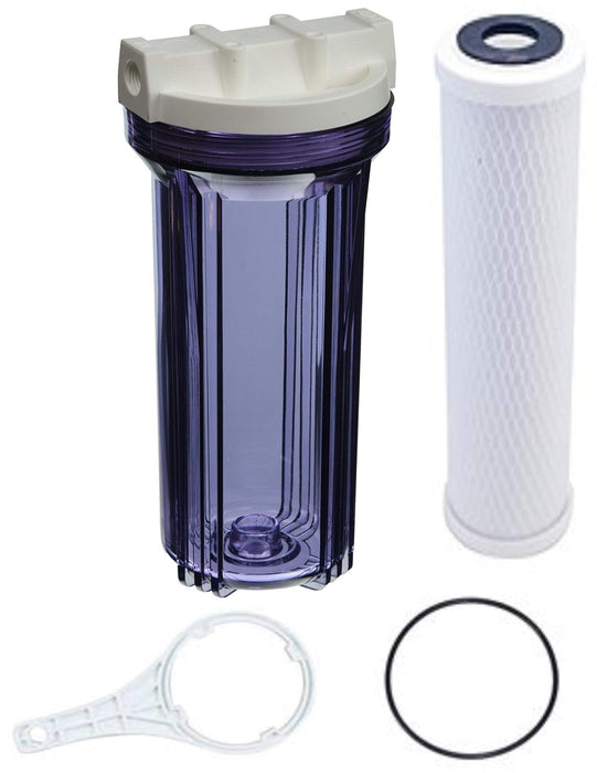Clear 10-inch water filter housing kit with carbon filter cartridge, wrench and O-ring, 1/2-inch fittings