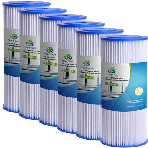 6-pack pleated polyester Big Blue water filter cartridges, 20 micron, 10 x 4.5 inches