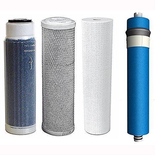 4-piece whole house replacement filter kit with sediment, carbon, color-indicating DI cartridges, and membrane, 10-inch