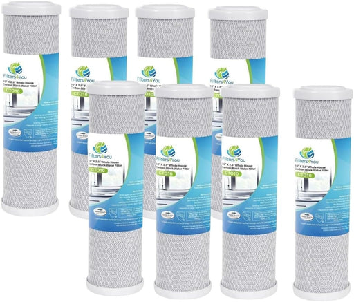 8-pack carbon block water filter cartridges, 10 x 2.5 inches, compatible with Flow-Pur 8 and WCBCS-975-RV models, reduces bad taste and odor