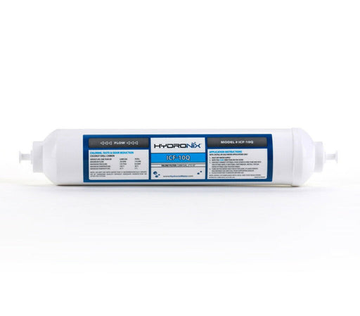 Inline coconut GAC water filter for RO, fridge, and ice systems, model ICF-10Q, 2000 gallon capacity, 1/4 inch quick connect
