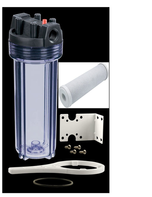 Big Blue-style white filter housing, 10 x 2.5 inches, with 5-micron carbon block filter cartridge set