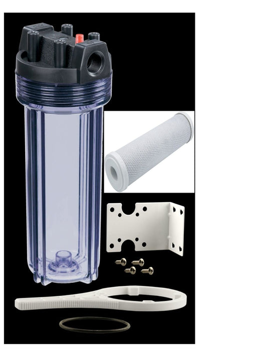 Big Blue-style white filter housing, 10 x 2.5 inches, with 5-micron carbon block filter cartridge set