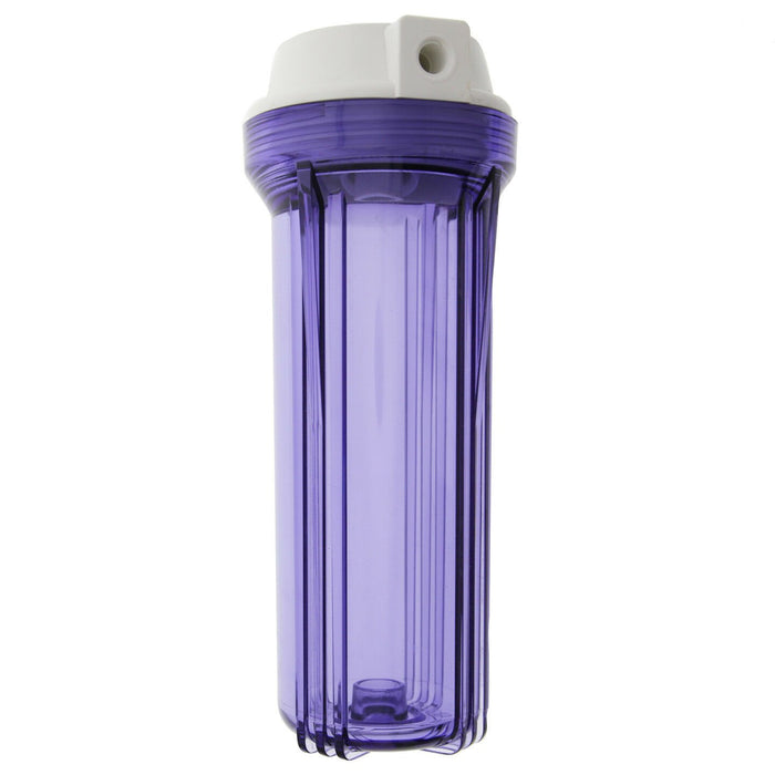Clear standard water filter housing, 10 x 2.5 inches, 1/4-inch FPT connection