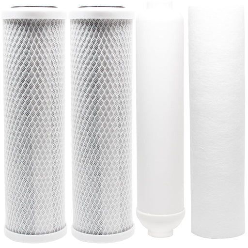 4-piece RO replacement filter kit with carbon block, polypropylene sediment and inline cartridges, compatible with Watts RO-TFM-5SV systems
