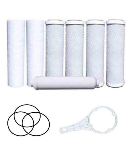 Replacement water filter kit with carbon block, polypropylene sediment and inline cartridges, O-ring, and wrench, for reverse osmosis systems