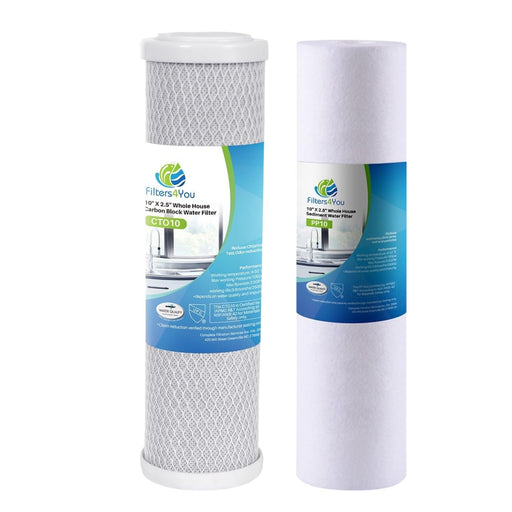Replacement water filter kit with sediment and carbon cartridges, 1 micron, compatible with 10 inch reverse osmosis and under-sink systems, reduces bad taste and odor