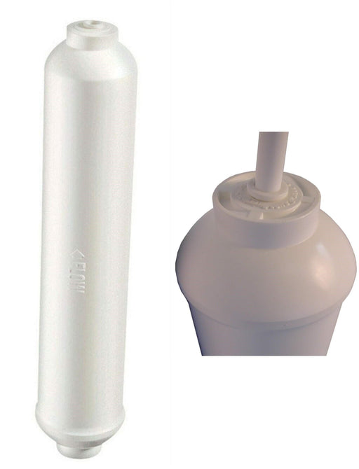 Inline refrigerator water filter, white, compatible with WICA inline filter models, 1/4 inch quick-connect fittings, reduces bad taste and odor